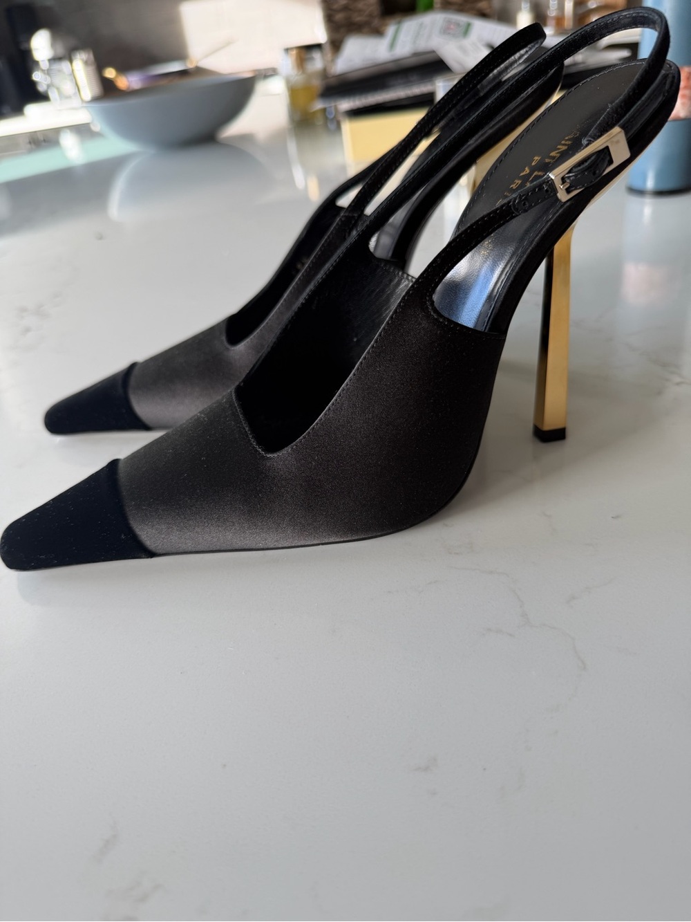 Saint Laurent Black Satin Slingback Pumps with Gold Heel